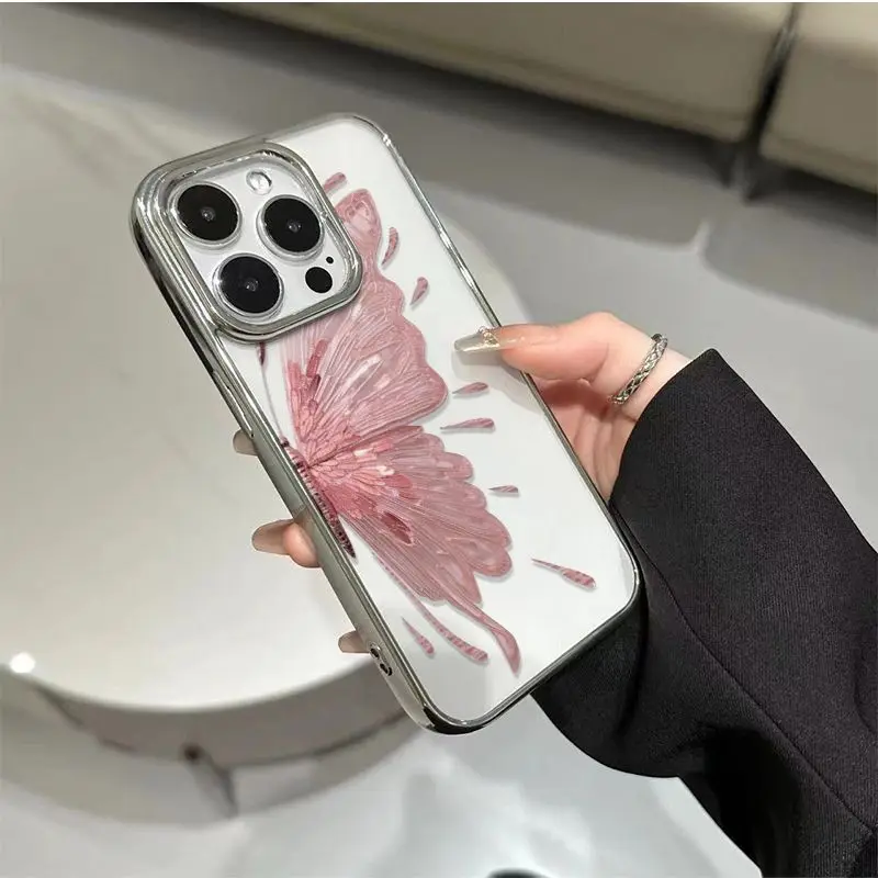 Pink Butterfly Necklace Phone Case for iPhone 16 15 14 13 12 11 Pro Max XS X XR 8 7 Plus SE Y2K Soft Clear Cover