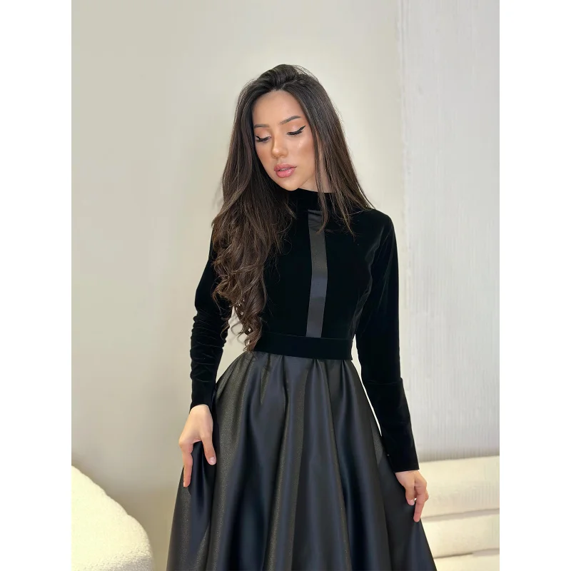 Europe and America2023New Gold Velvet Slimming Abdomen-Control Black round-Neck Long-Sleeved Dress Women