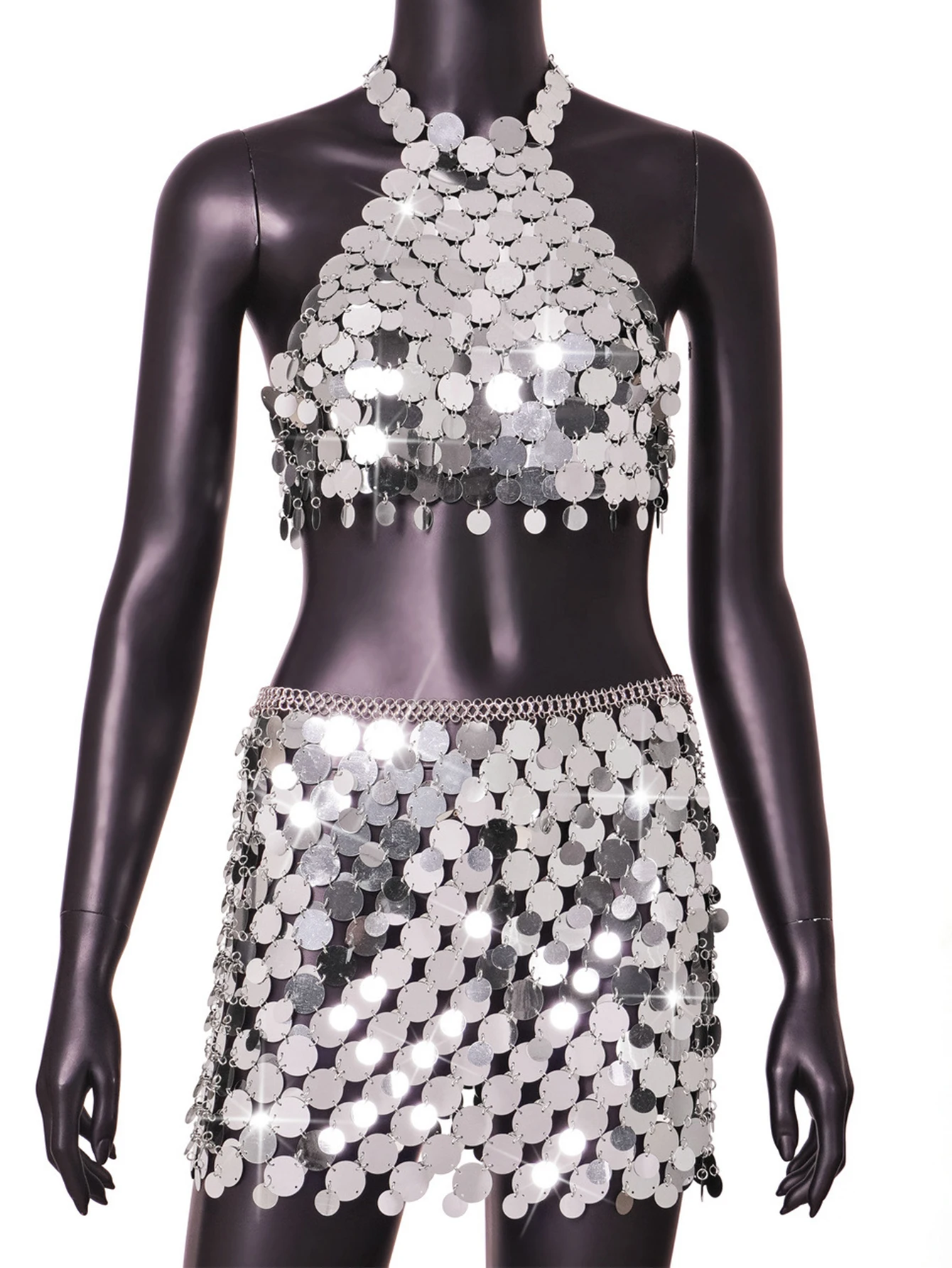 Sexy backless Metal Sequin slip Summer Dress women glitter beach Club party dress see through mini bodycon dress sets vestidos