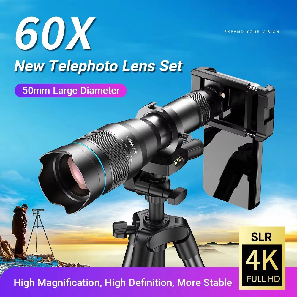 

Outdoor SLR 4K Full HD 60X Zoom Monocular Telescope with Tripod Stand Telephoto Lens for iPhone Samsung Mobile Phone Camera Lens