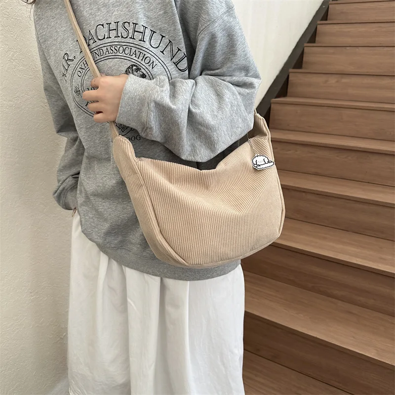 Fashion Women Canvas Shoulder Bags Korean Fashion Female Messenger Crossbody Bag for Girl Students Corduroy Solid Cloth Handbags