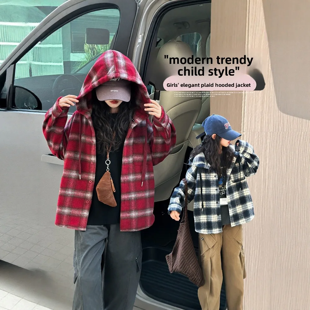 Spring‑Autumn Girls Hooded Plaid Shirt Jacket, Loose Casual Long‑Sleeve Top Korean‑Style Cool Blouse For Middle  Big Kids Girls