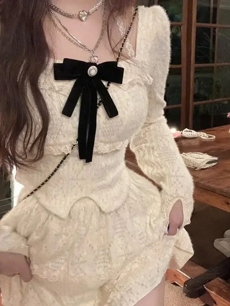 

2024 Korean Style Y2k Mini Two Pieces Dress Women Fairycore Long Sleeve Outfit Set Sweet Cute Corset Princess Dresses Autumn