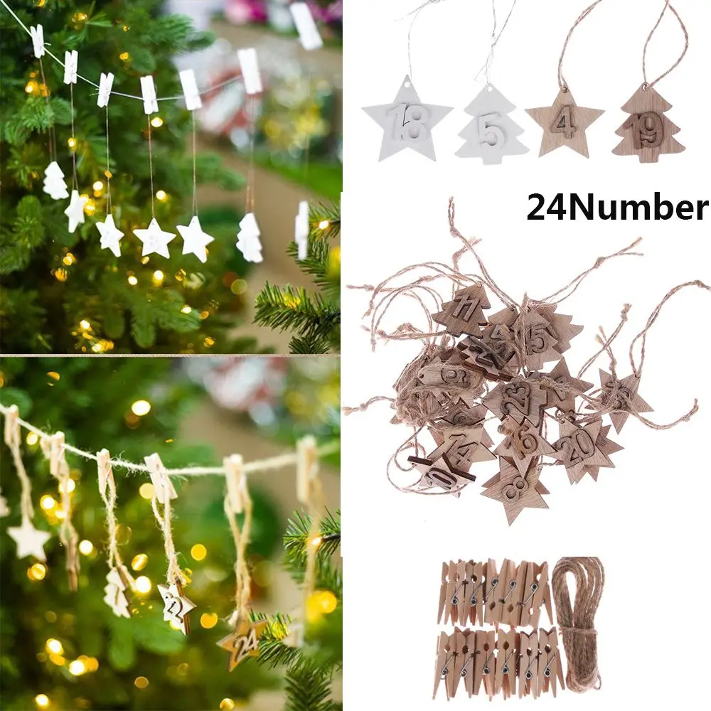 24PCS/set DIY Clips Ornament Gift Bags Decor Number Label Countdown Hanging Tags Wooden Pendant Christmas Advent Calendar