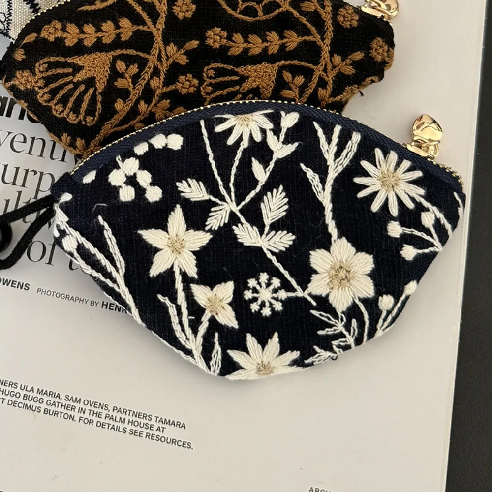 Portable Embroidered Mini Coin Purse Cotton Pouch Keychain Pendant Small Zipper Car Key Bag