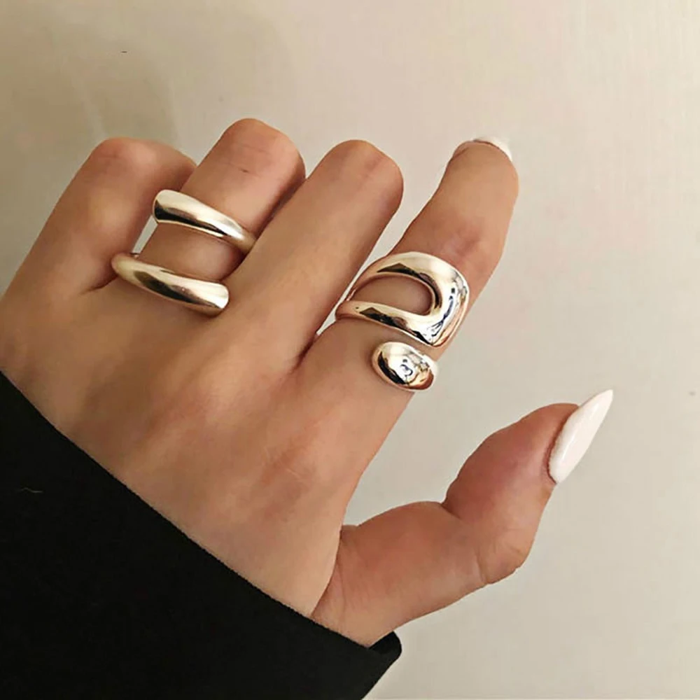 SUMENG New Fashion Minimalist Silver Color Rings Creative Hollow Irregular Geometric Birthday for Women 2024 Party Jewelry Gifts