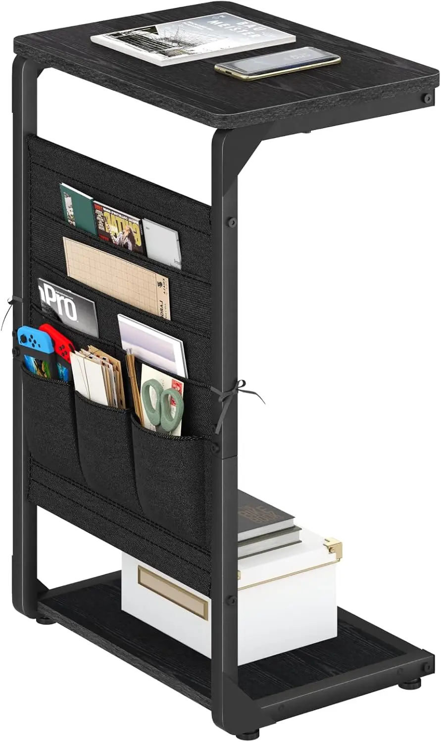 C-Shaped End Table with Storage Bag, Small Sofa Side Table for Living Room or Bedroom