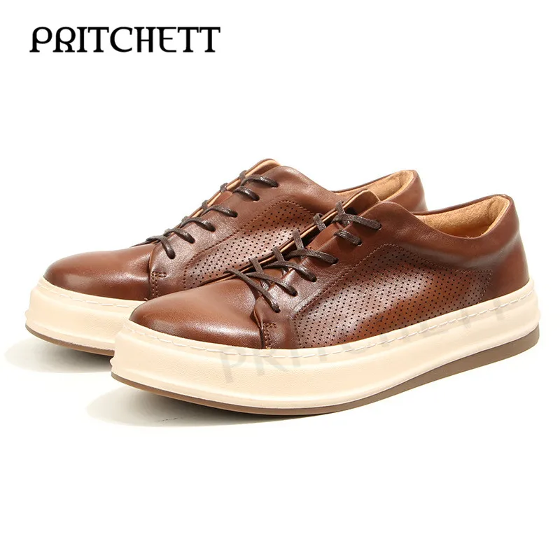 

Genuine Leather Lace-Up Thick-Soled Sneakers Hollow Horsehide Leather Casual Shoes Personalized and Comfortable Daily Men's Shoe