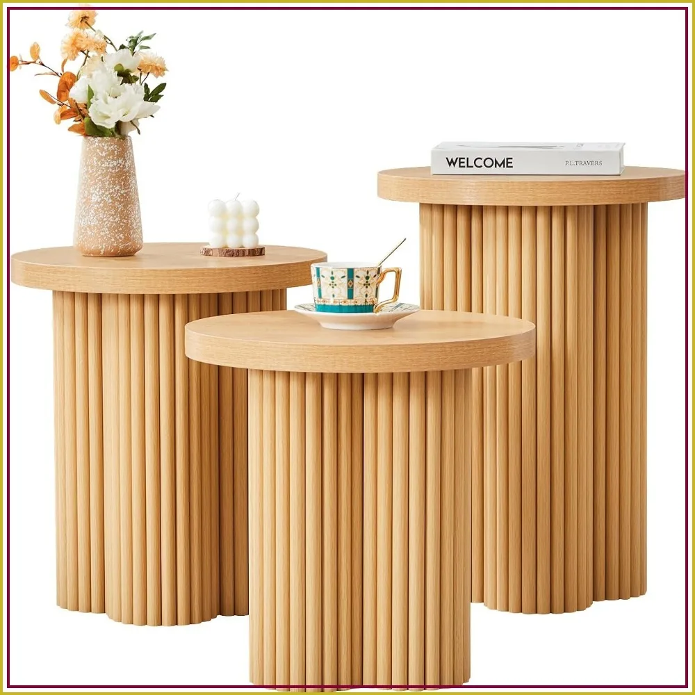 Round Nesting Coffee Table Set of 3 Fluted Coffee Table Natural Wood Grain