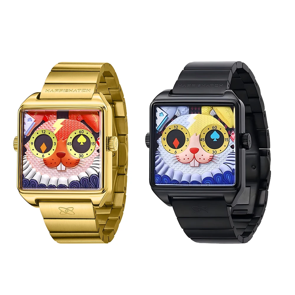 ساعة Happie Watch للرجال والنساء مخصصة ثلاثية الأبعاد فريدة من نوعها وممتعة وحزام ساعة من الجلد الأسود