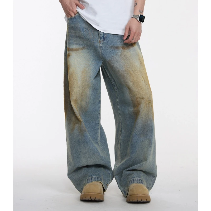 

High Street Mud Dyeing Used Water Washing Jeans for Men's Niche Wasteland Style Wide-leg Mopping Floor Straight Tube Shorts Top
