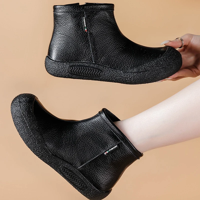 Genuine Leather Ankle Boots For Women Flat 2024 Winter New Retro Rear Zipper Casual Soft Sole Single Shoes Thick Sole Boots