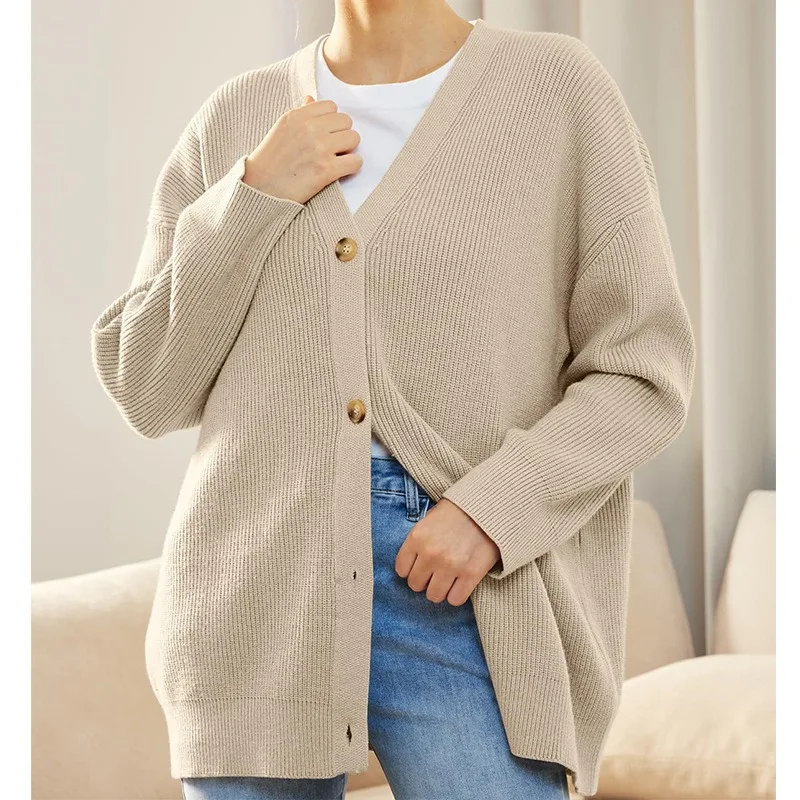 

Cardigan Women Pullovers Sweaters V Neck Single Breasted Full Sleeve Jumpers Casual Loose Knit Elegant Splice Knitted Streetwear