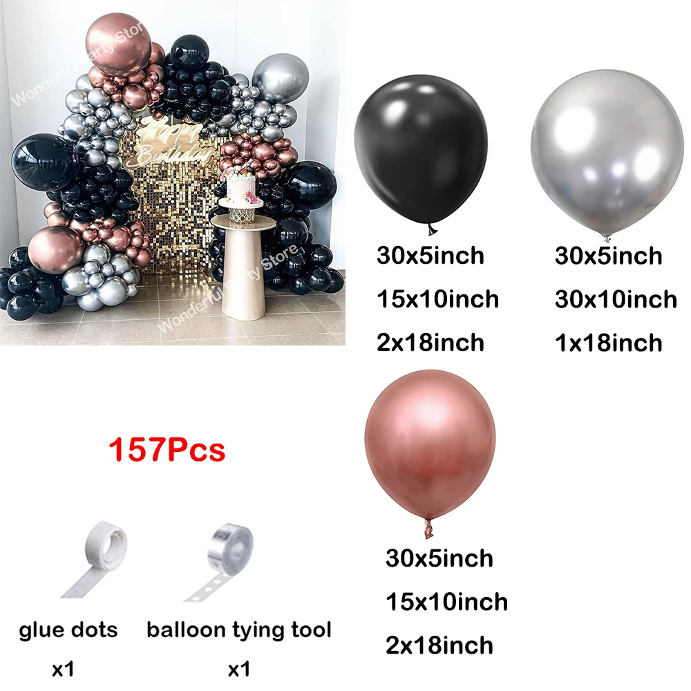 157Pcs Black Balloon Garland Arch Kit Wedding Bridal Baby Shower Birthday Party Decor Metallic Rose Gold Silver Latex Balloons