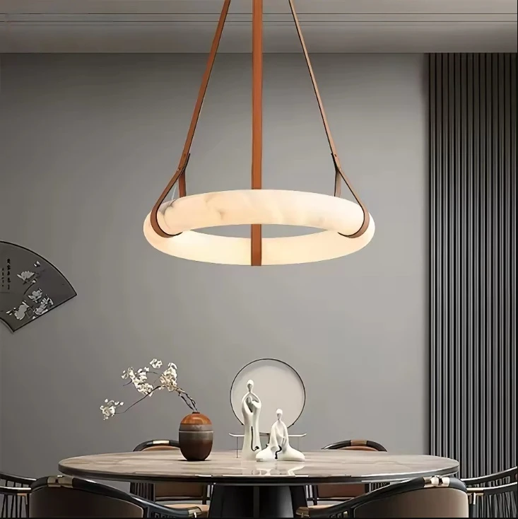 Faux Alabaster Pendant Light Round Belt Hanging Lights for Duplex Living Room Kitchen Bedroom Artificial Marble Decor Lamp