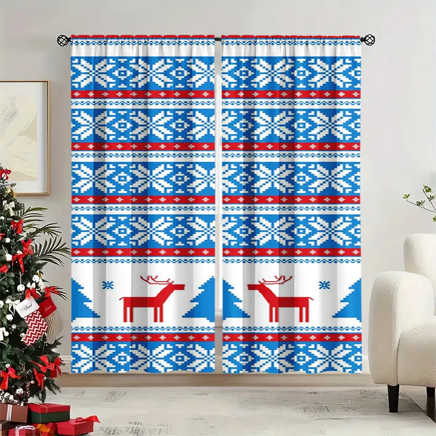 2PCS Christmas Winter Curtains, Blue Fair Isle Knit Reindeer Tree Snowflake, Digital Print, Bedroom Living Room, Home Decor