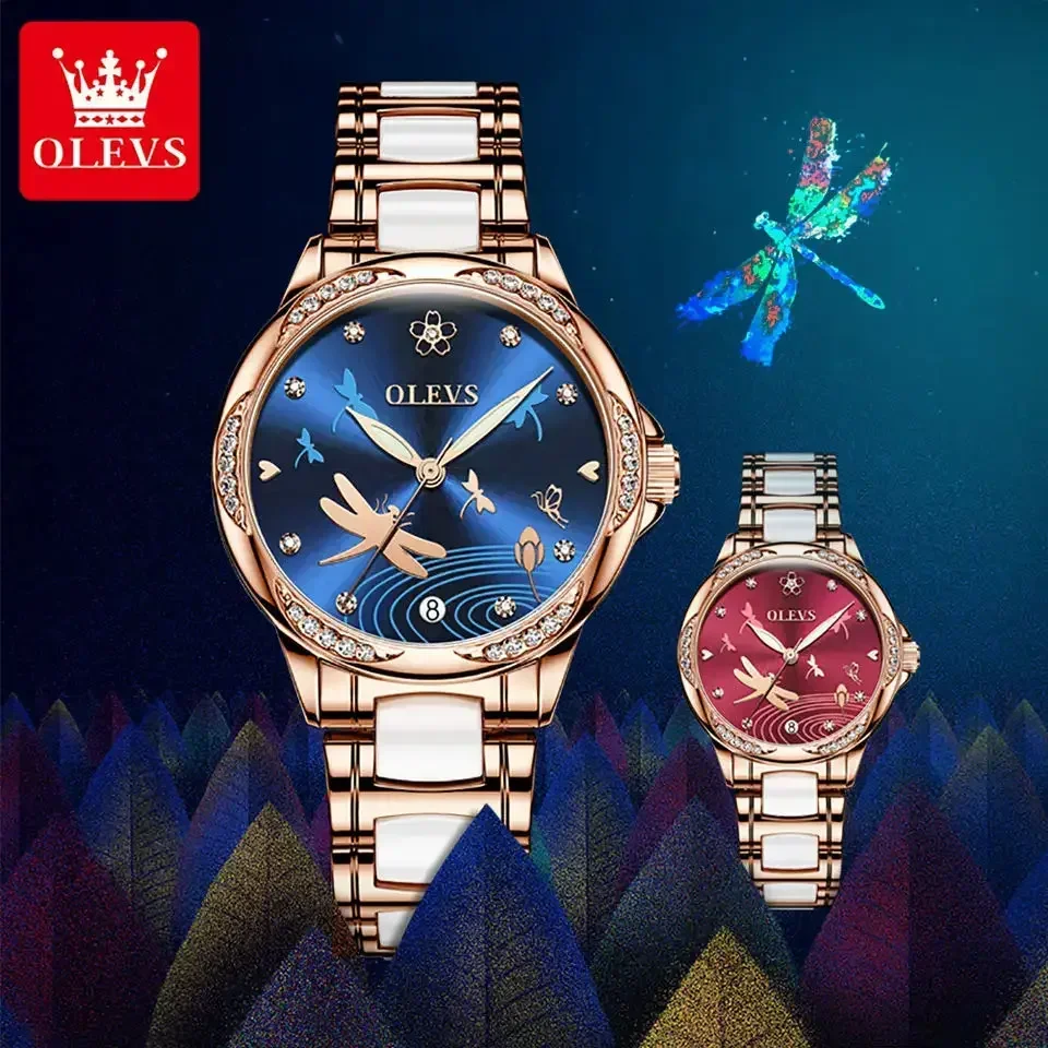 OLEVS relojes automáticos para mujer, correa de cerámica de lujo, relojes para mujer, reloj de pulsera resistente al agua con diseño de libélula luminosa para mujer