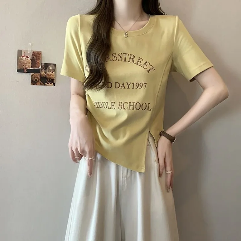 

Femme Summer Korean Fashion Printing Solid Color O-neck Short Sleeve Women Clothes Simplicity All-match Appear Thin Letter Tops