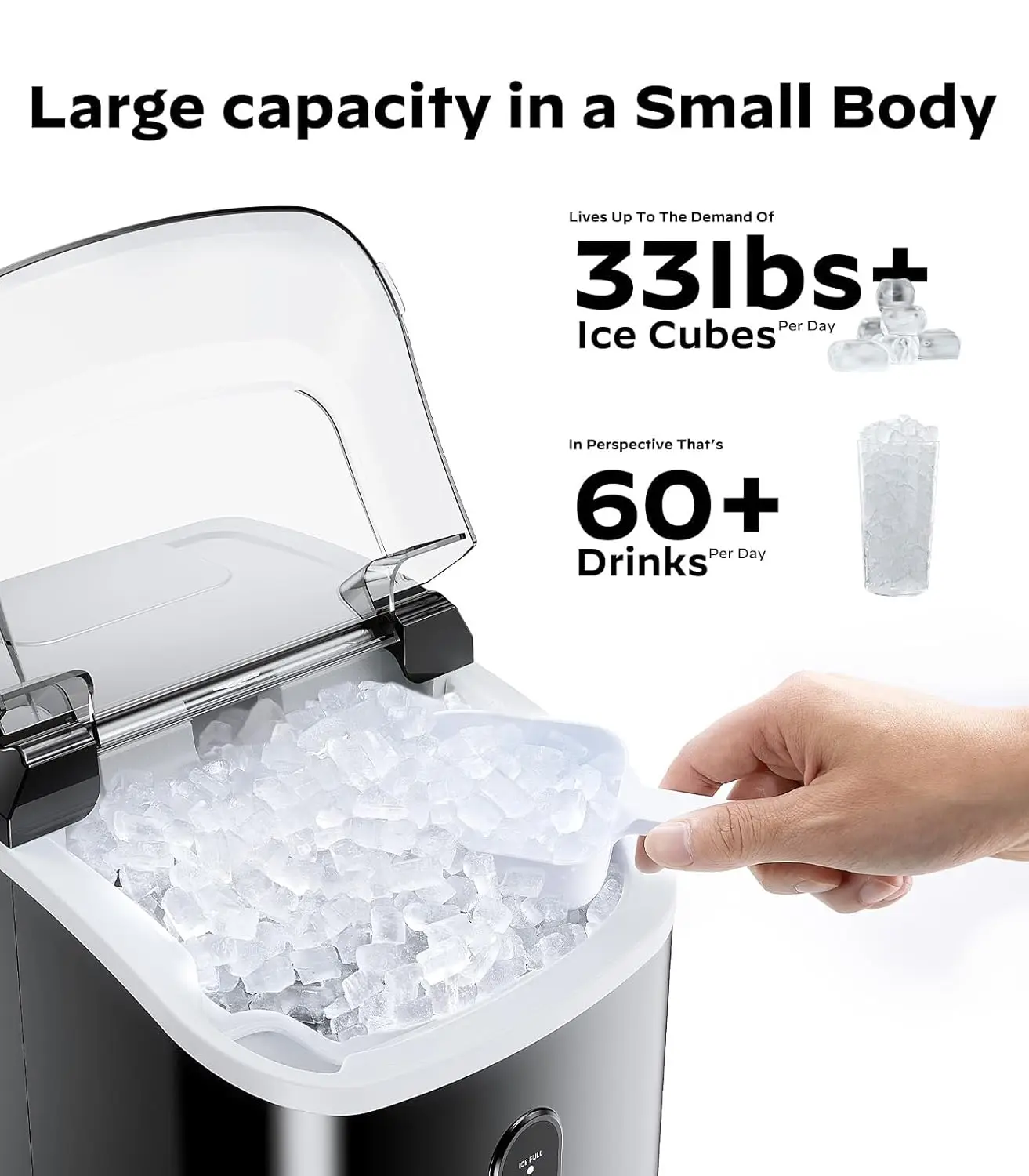 Nugget Ice Maker Countertop - 33lbs/24H, macchina per la produzione di ghiaccio in ciottoli con funzione autopulente, macchine per il ghiaccio portatili nuovi USA