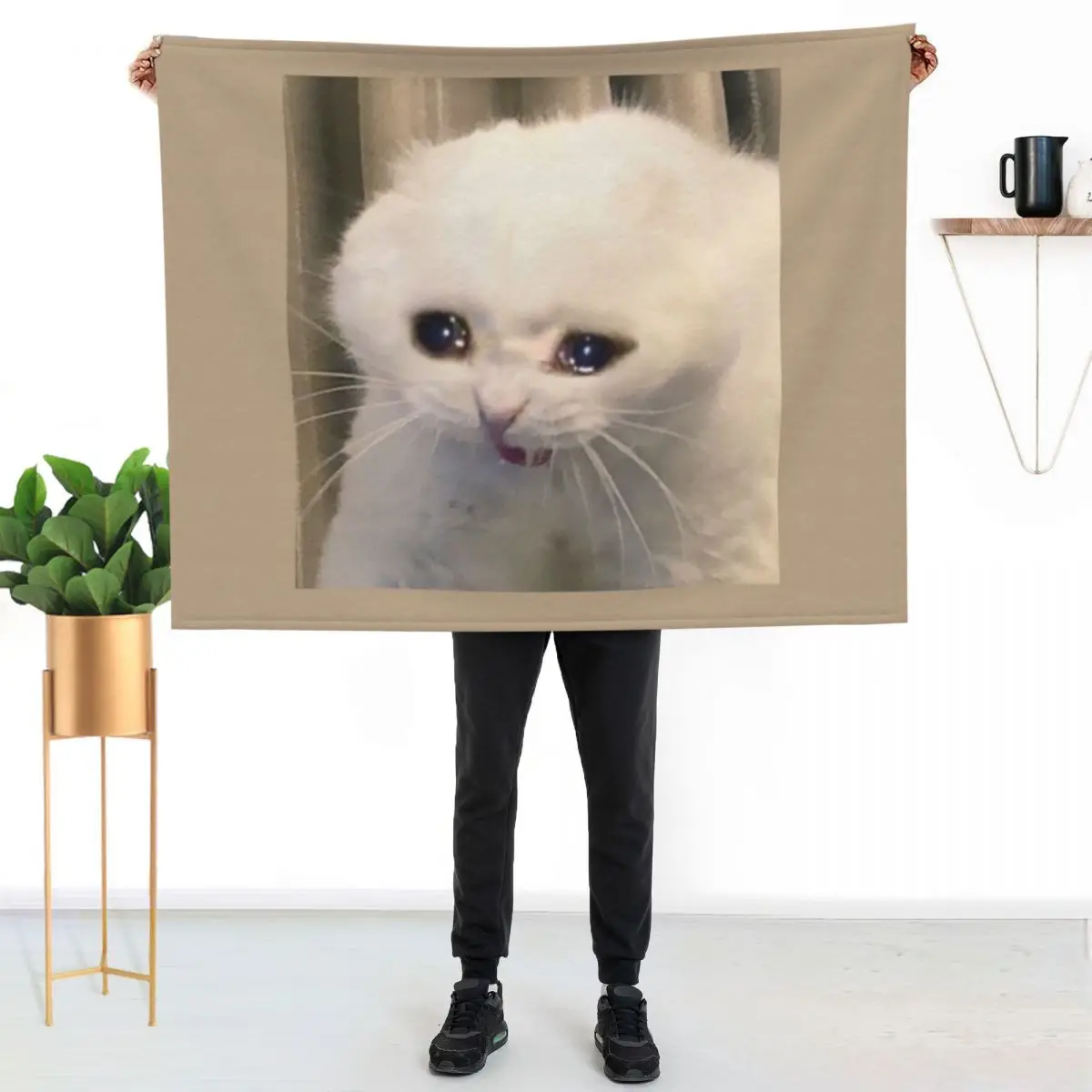 Crying Cat Meme Throw Blanket Warm Flannel Blanket for Couch Chair Bedroom