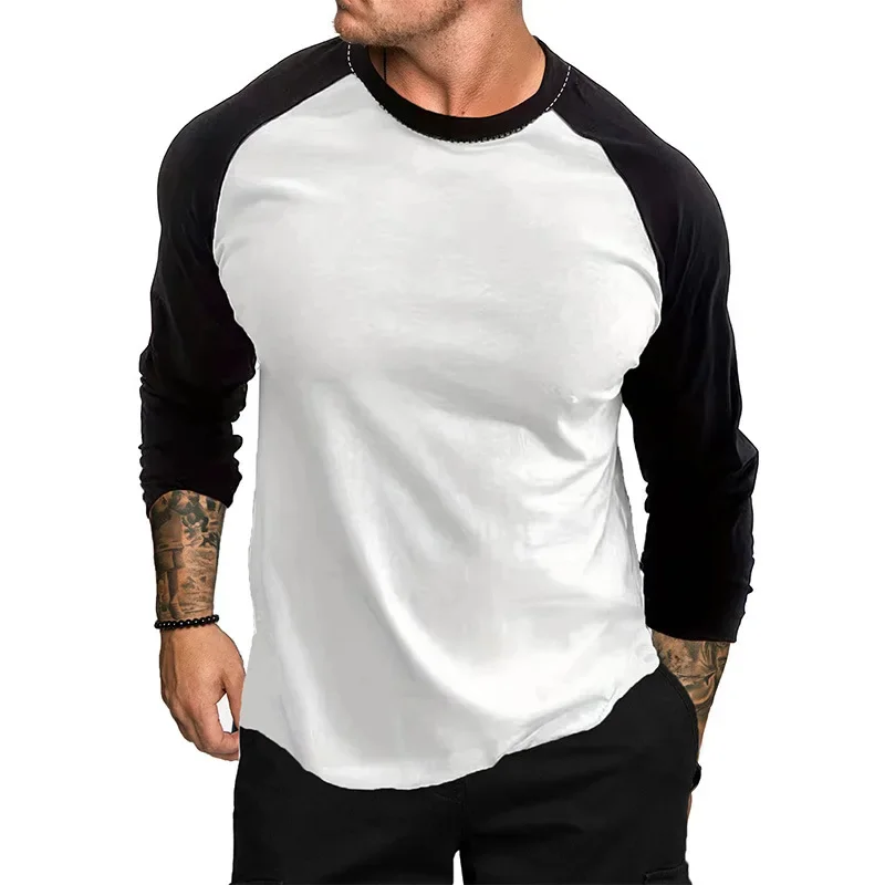 Men's New Long Sleeve Round Neck T-shirt Loose Breathable Large Size Base Shirt Casual with Rotator Sleeves Matching Color Shirt