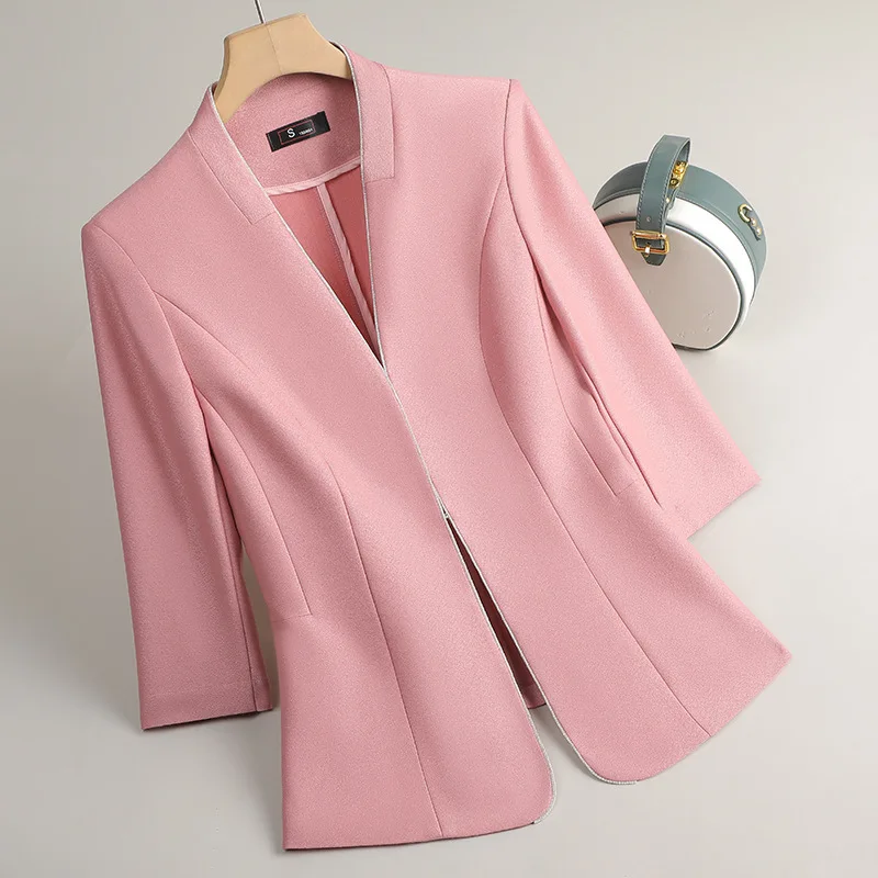 Women's Pink Apricot Black Casual Blazer Half Sleeve Single Button Slim Fit Jacket for Spring Summer Fashion Formal Coat