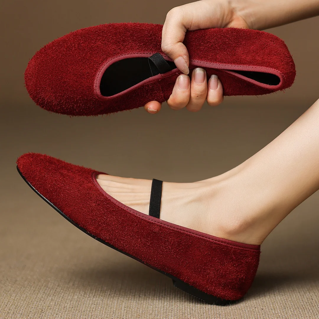 

Women's natural suede leather bordered elastic band slip-on ballet flats high quality round toe soft comfortable ballerinas shoe