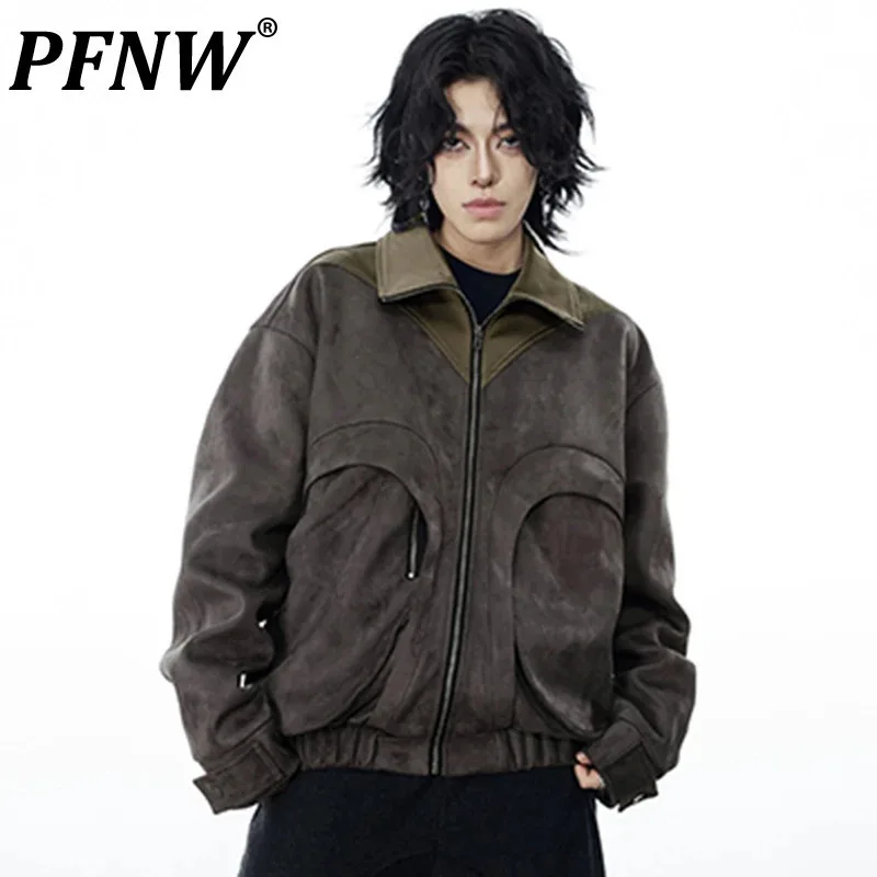 

PFNW Three-dimensional Pocket Male Chamois Jackets Patchwork Stand Collar Contrast Color Men's Short Coats Niche Design 28W2557