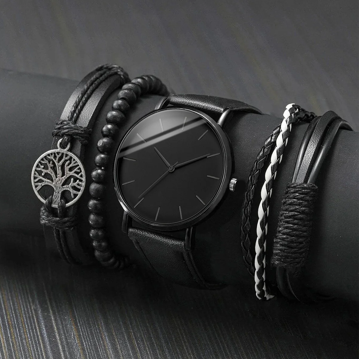 Men's Leather Watches for Business, Casual Bracelet, Men's Quartz Watch, Vintage Bracelets Without Box, 5 Pieces Per Set