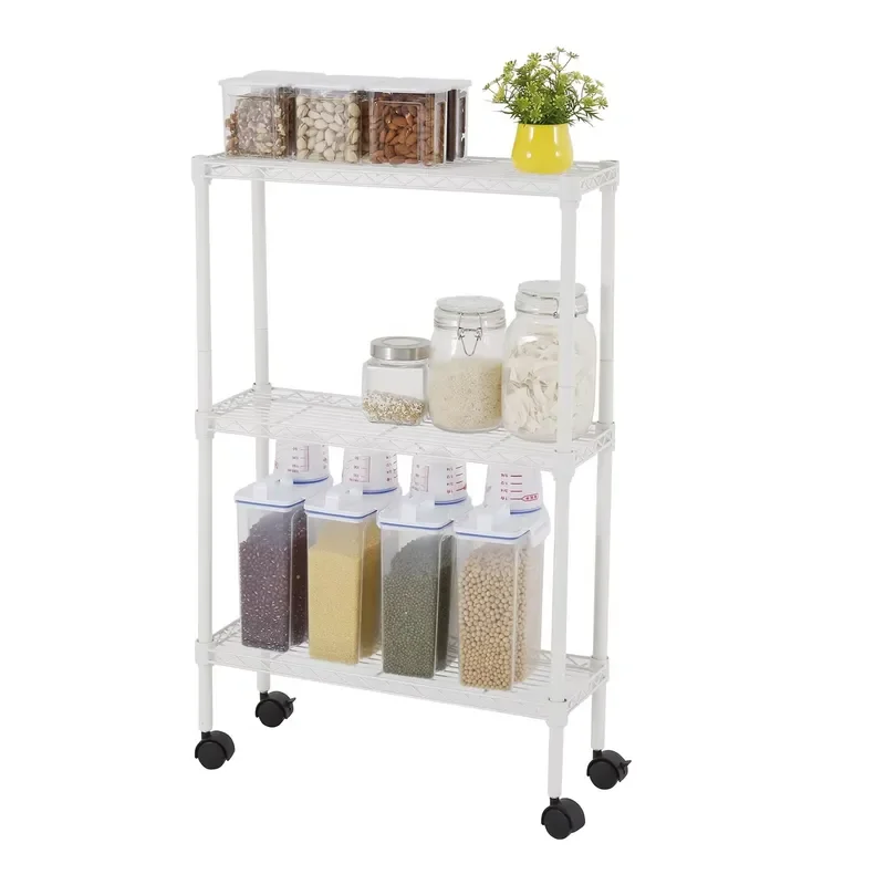 Narrow metal utility rack, ultra-thin three-layer rolling storage rack cart, with wheels, suitable for bathrooms, kitchens,