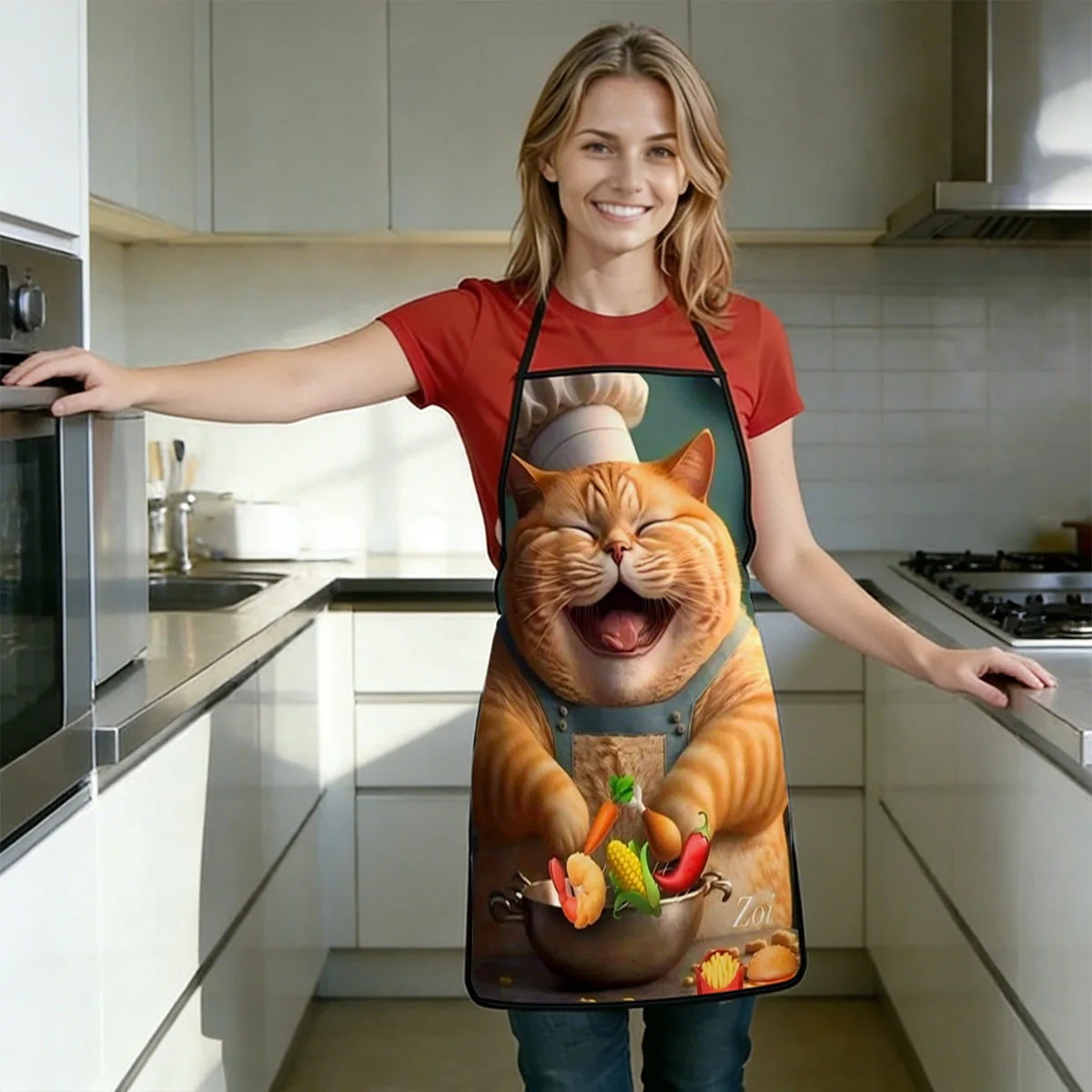 Smiling Chubby Ginger Cat Chef Pattern Apron Oil Water Resistant Kitchen Apron Funny Unique Holiday Gift For Daily Cooking Use