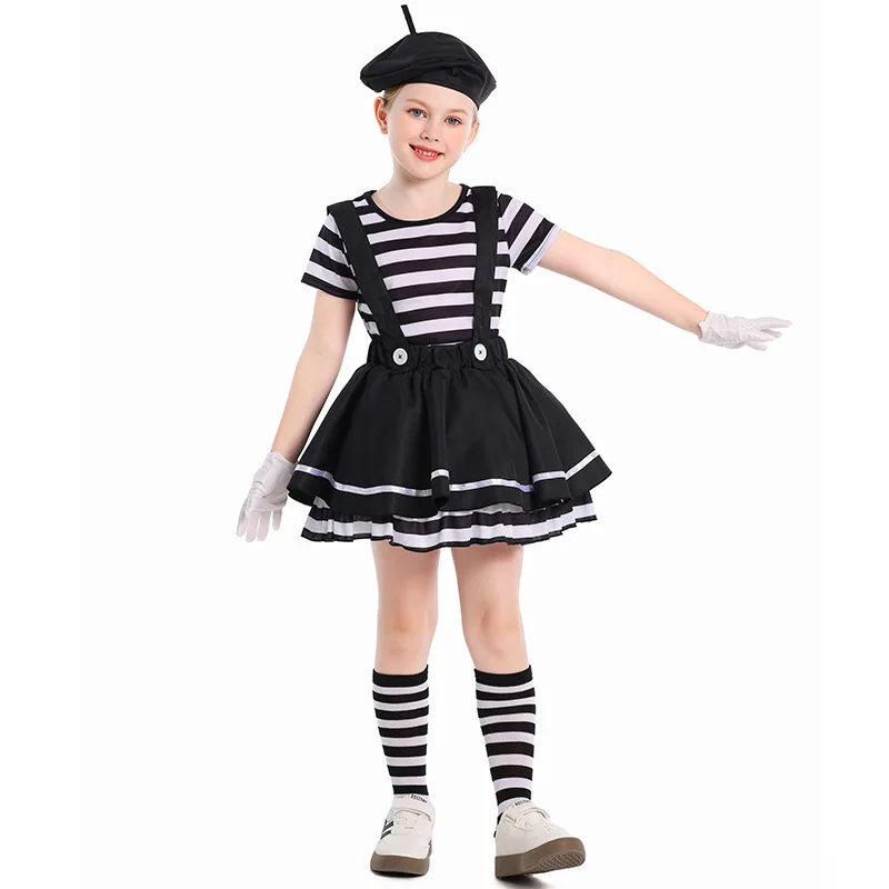 Mime Clown Cosplay Costume Halloween Vaudeville Funny Stage Performance Outfit Halloween Cosplay Fancy Dress Carnival Party Suit