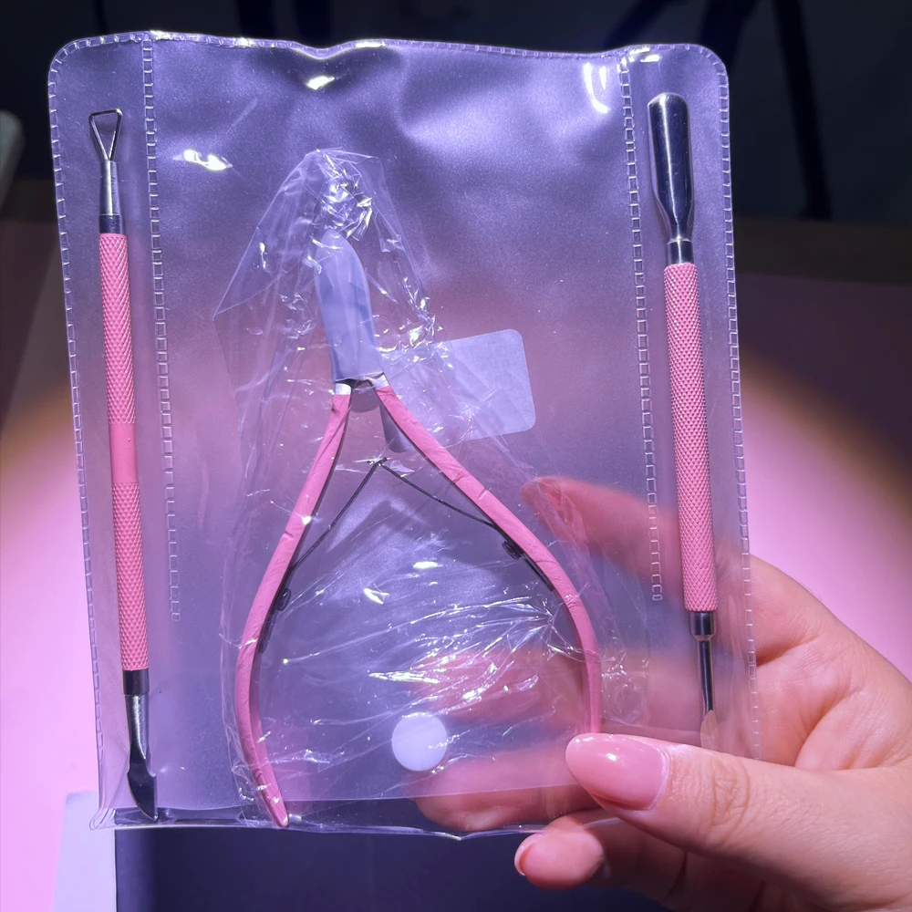 3 szt. Profesjonalne nożyczki do paznokci ze stali nierdzewnej, obcinaczki, odpychacz, klipsy, różowe, wielofunkcyjne zestawy narzędzi do manicure i pielęgnacji paznokci @%