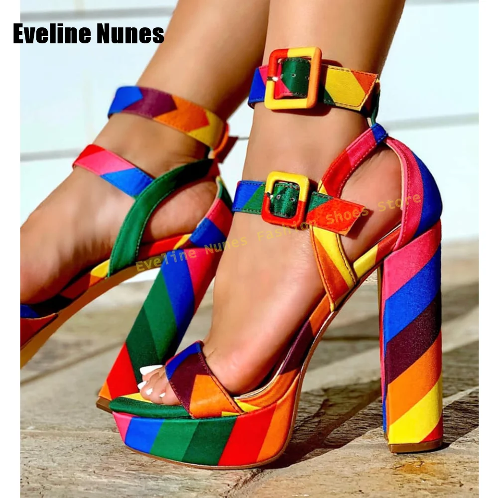 Women's Rainbow Color Block Platform Sandals Ankle Buckle Open Toe Chunky Heel Shoes Summer Party Beach Street Fashion Wear 2026