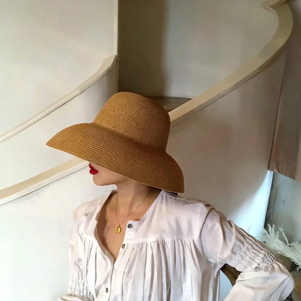 Women Wide Brim Straw Hat Retro Hepburn Style Sun Protection Cap Summer Beach Foldable Breathable Elegant Sunshade Bonnet