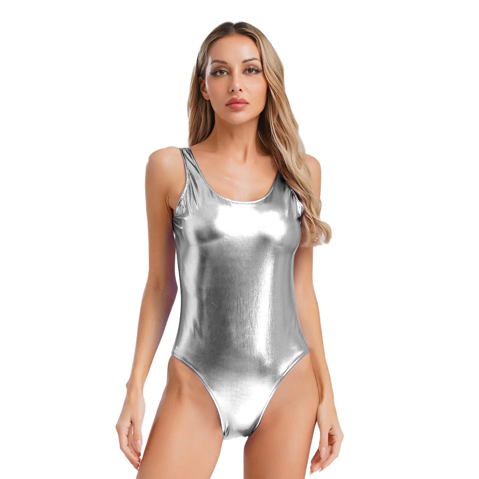 Women Shiny Metallic Sleeveless Bodysuit Skinny Tank Leotards Club Pole Dance Stage Performance Jumpsuit Rave Party Costume