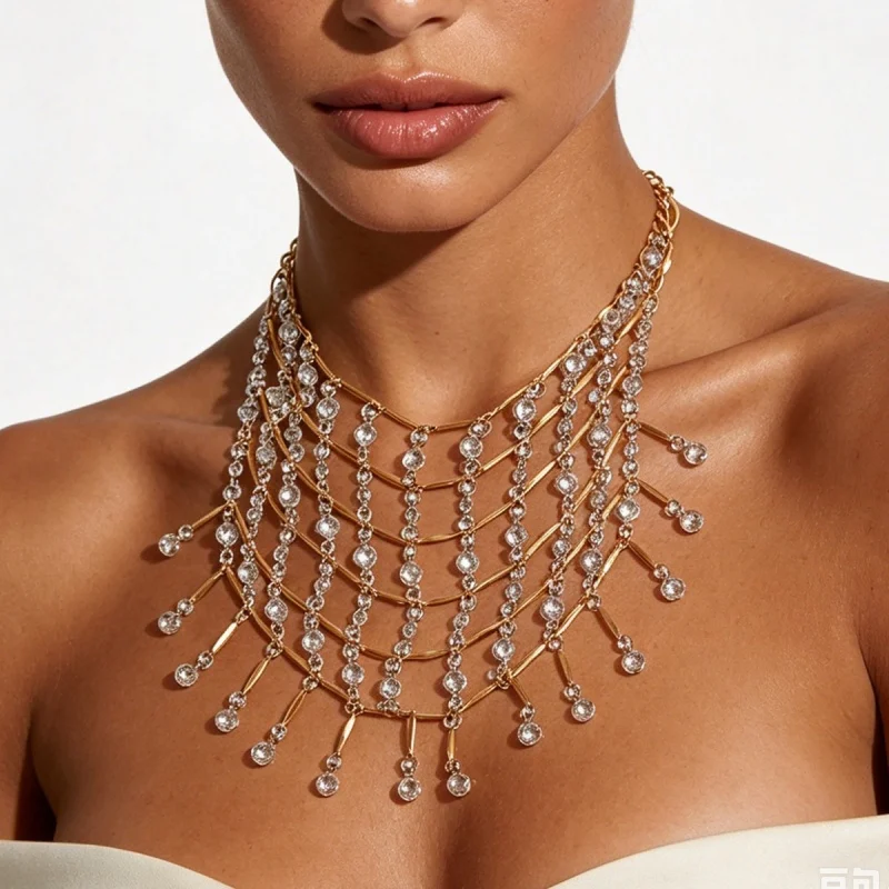 1 pcs Multi-Layer Rhinestone Tassel Necklace with Exaggerated Full Diamond Fishing Net Necklace