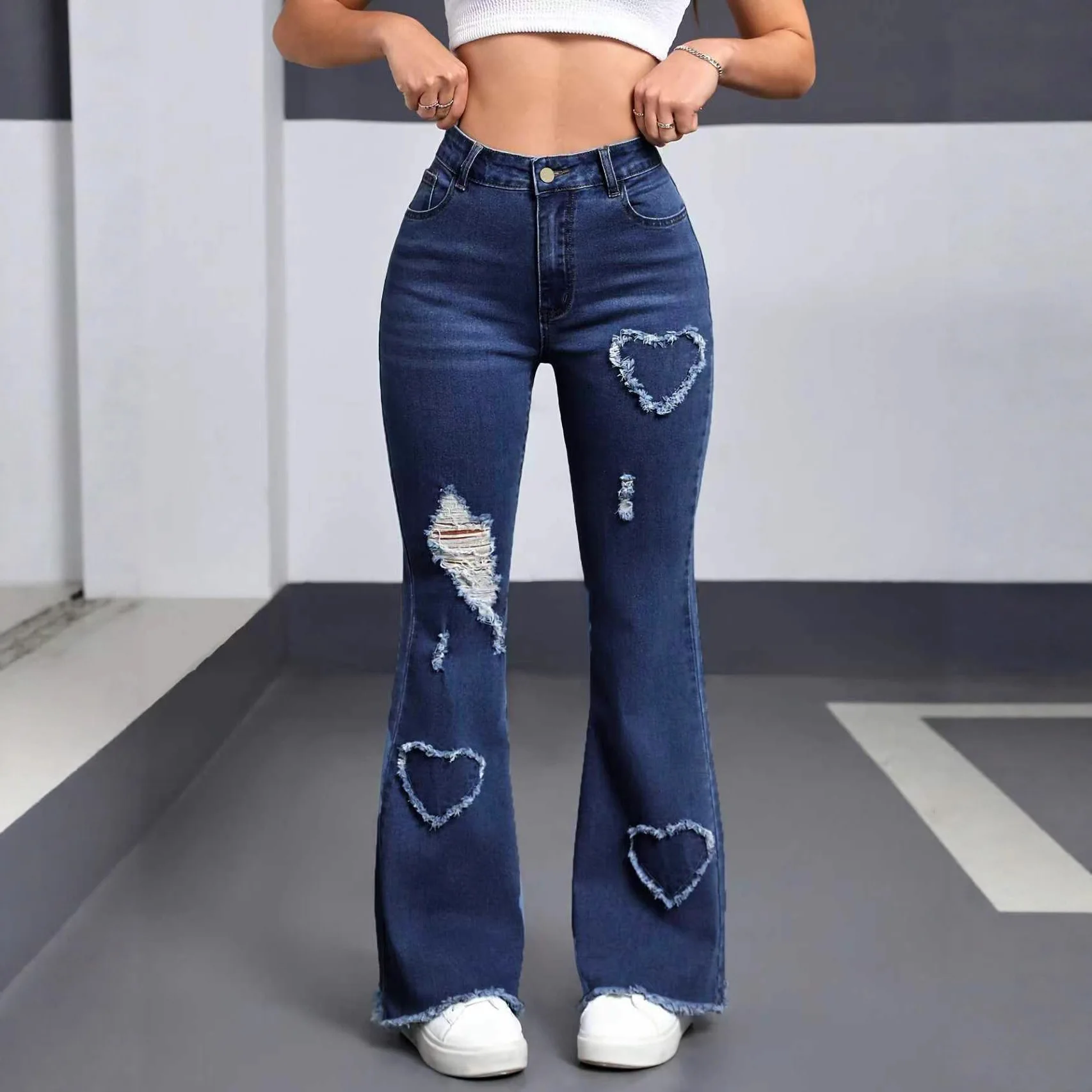 Korean Style Women Blue Solid Color Floor Length Hole Patched Simple Denim Trousers Vintage New Fashion Female Slim Jeans Pants