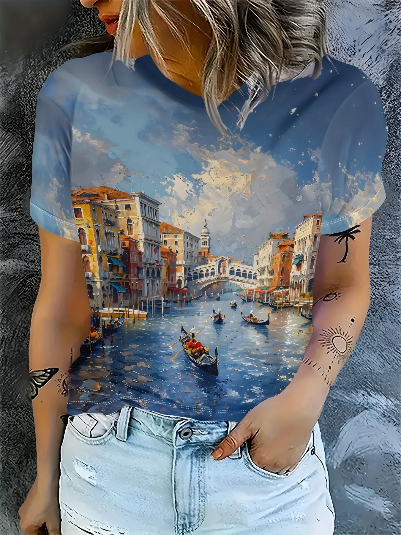 Women Crew Neck Short Sleeve T‑shirt Venice Cityscape Oil Painting Gondola Canal Scenery Art Print Casual Summer Tops