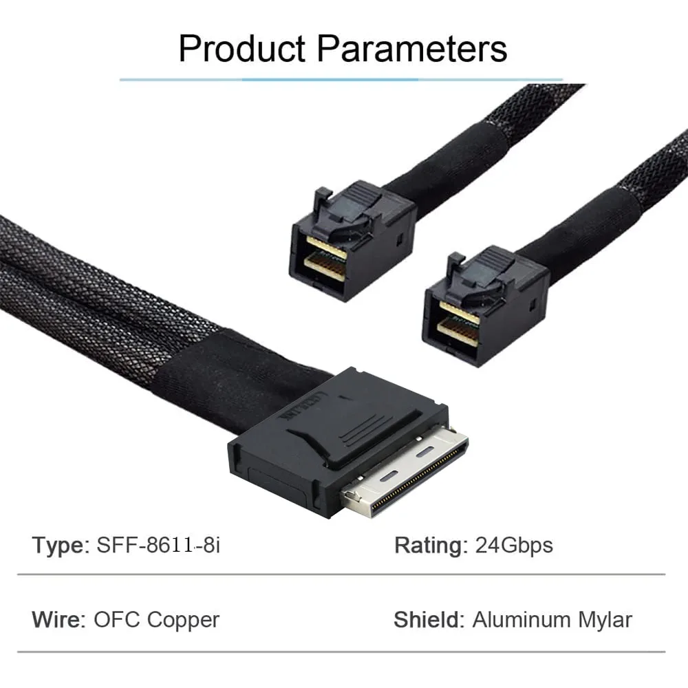 

Reliable Oculink PCIe SFF-8611 8I to Dual 8I SAS SFF-8643 Server Cable for Servers