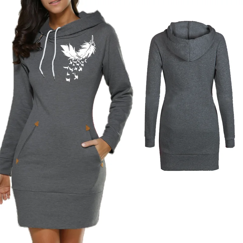 Sudadera con capucha para mujer, vestido con estampado de plumas, manga larga, bolsillo, Bodycon, informal, cremallera, Otoño, nuevo