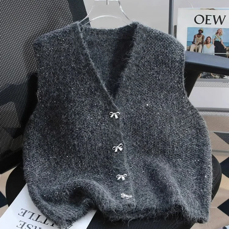 

Женский вязаный жилет во французском стиле без рукавов с бантом, повседневный свитер, свободная осенняя куртка, новый стиль