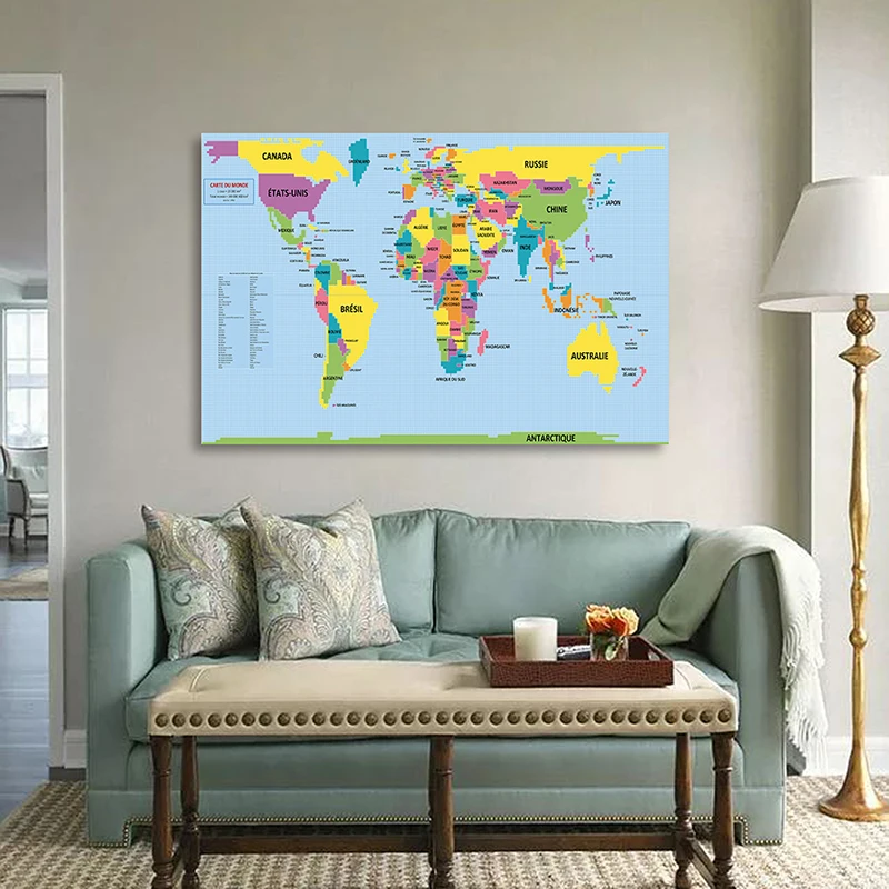 In French The World Map 225*150cm Decorative Poster Non-woven Canvas Painting Wall Home Decoration Children School Supplies