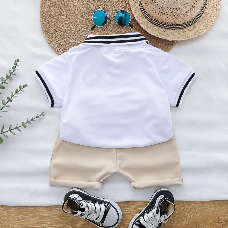 Summer cartoon bear embroidered POLO shirt and shorts set for infants and young children