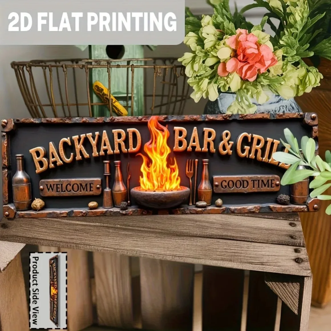 5x16''2D Flat Rustic Bar Sign - 1pc Metal -''Welcome Good Time'' Flame Beer Art Kitchen Patio