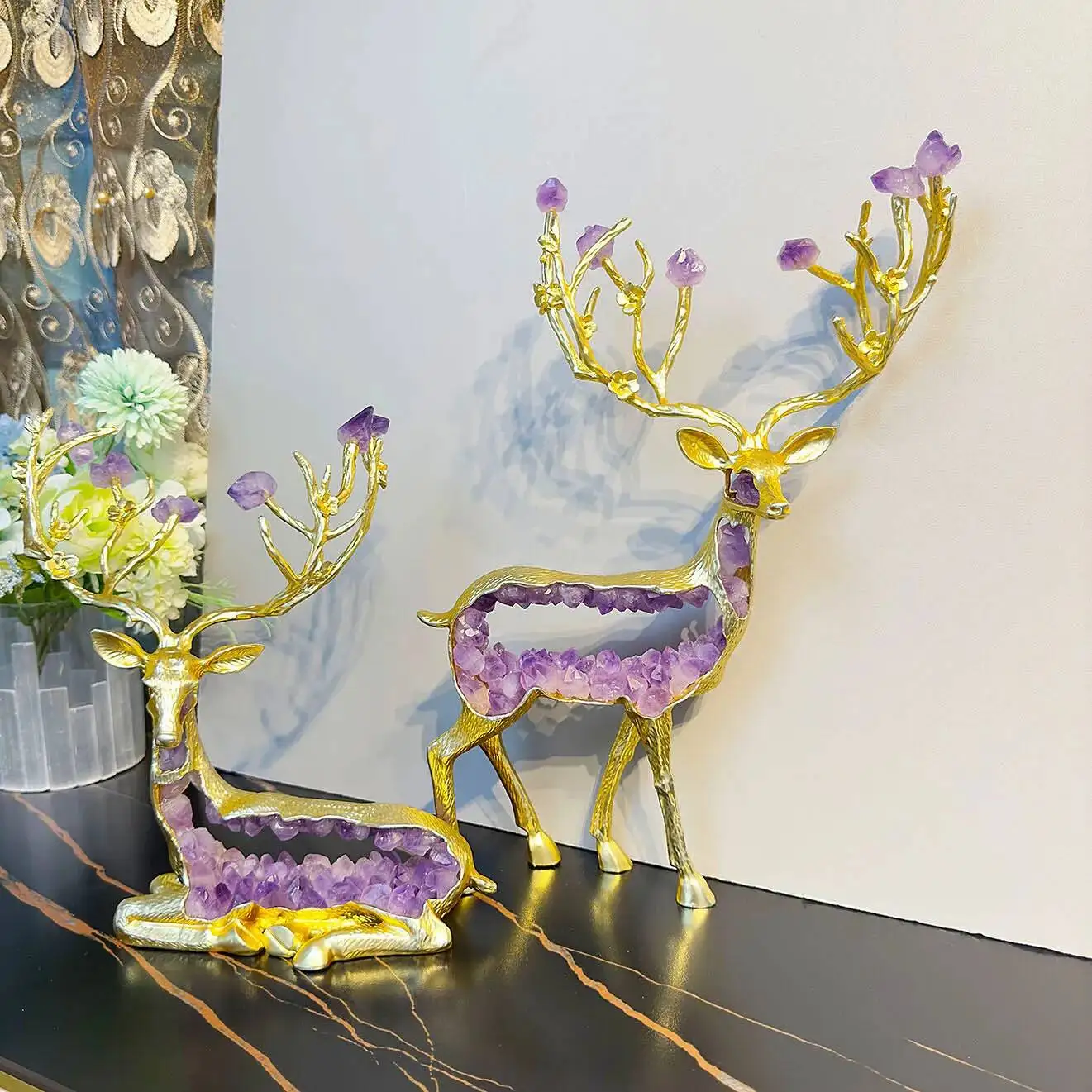 Amethyst Statue Simulated Animal Sculptures Golden Deer Crystal Deer Handicrafts Metal Figurine Home Decoration Accessories