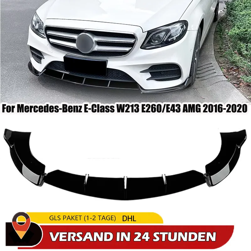 Glänzend Schwarzer Frontspoiler für Mercedes Benz E-Klasse W213 E260 E300 E43 E200 E220 E63 AMG 2016 2017 2018 2019 2020 Karosserie-Tuning 3-teiliges Frontspoiler-Kit
