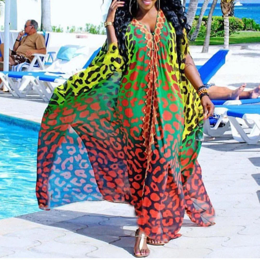 Swimming Cover Up For Ladies Saida De Praia Beach Outing 2025 African Summer Ins Chiffon Elegant V Neck Single Breasted Dress