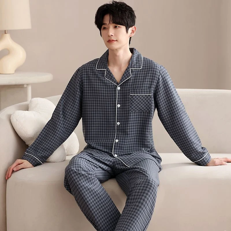 2025 Autumn Long Sleeve Cotton Casual Plaid Pajama Sets for Men Korean Loose Sleepwear Pyjama Male Homewear Lounge Home Clothes