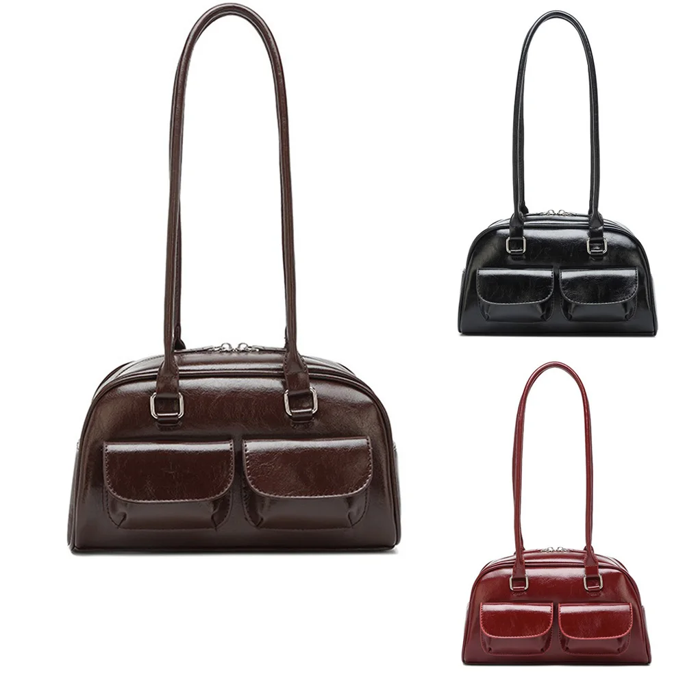 Image of Damen Schulter- und Unterarmtasche, Handtasche, Geldbörse, Trendige Nischen-Joker-Boston-Retro-Bowlingtasche aus PU-Leder, Damen-Top-Handle-Tasche, Hobo-Tasche